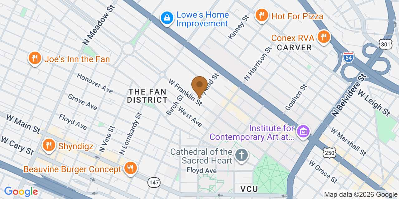Map showing the Google Business location of Richmond VA Roofing at 511 Ryland Street, Richmond, VA, 23220