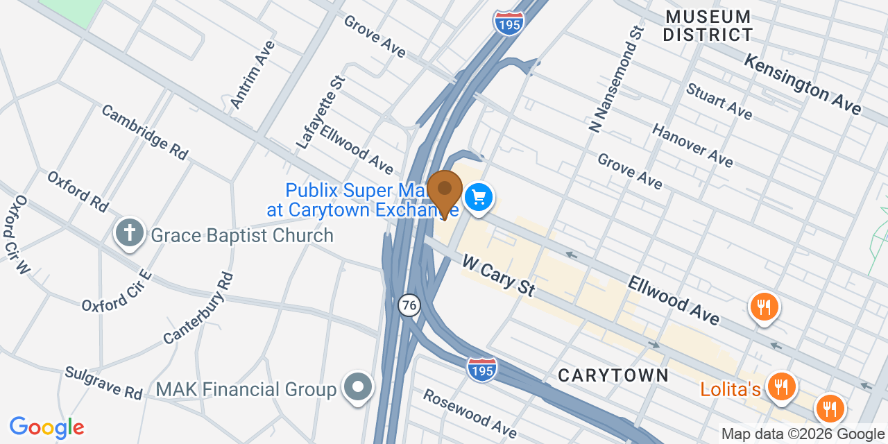 Map showing the Google Business location of Porter Family Roofers LLC at 18 South Thompson Street, Richmond, VA, 23221