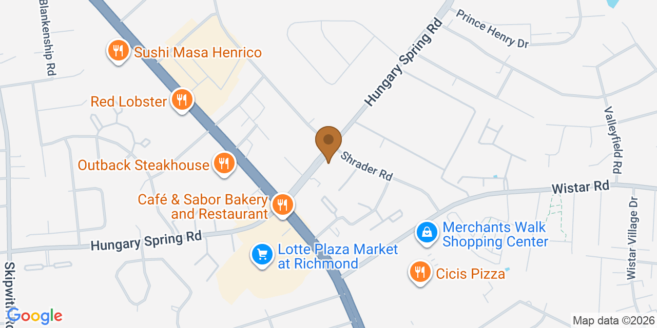 Map showing the Google Business location of A Plus Roofing at 2907 Hungary Spring Road, Richmond, VA, 23228
