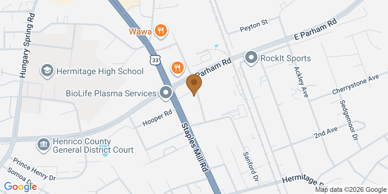 Map showing the Google Business location of JRL Construction & Roofing at 8734 Landmark Road, Henrico, VA, 23228