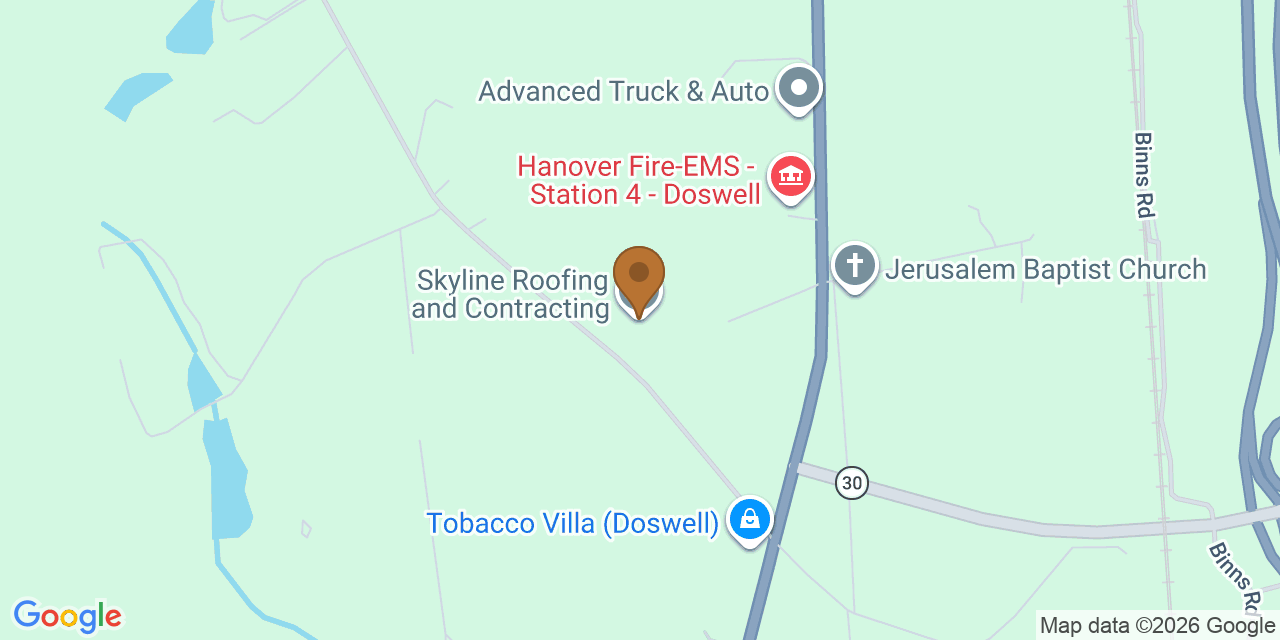 Map showing the Google Business location of Skyline Roofing and Contracting at 10514 Mount Hope Church Road, Doswell, VA, 23047
