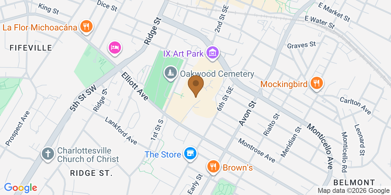 Map showing the Google Business location of Valley Roofing & Exteriors at 969 2nd Street Southeast, Charlottesville, VA, 22902