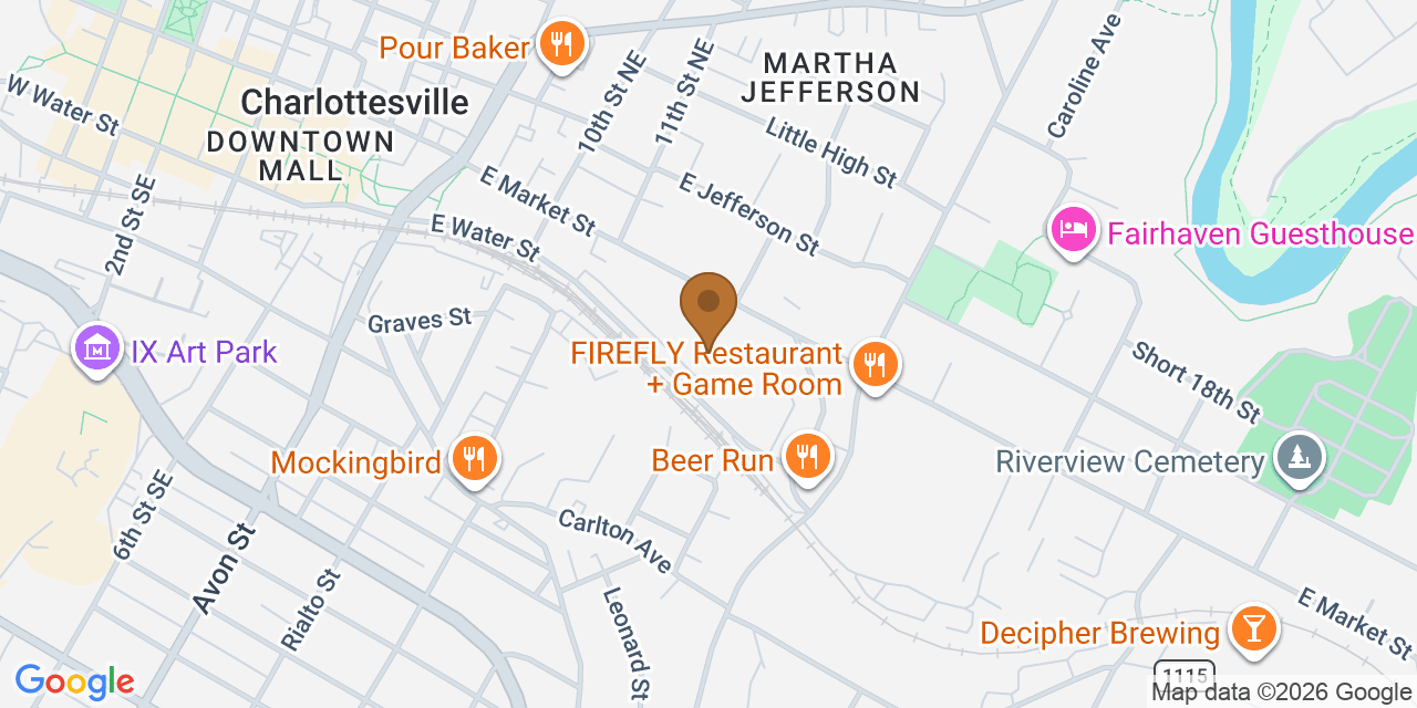 Map showing the Google Business location of Apex Roofing, LLC at 1132 East Market Street, Charlottesville, VA, 22902