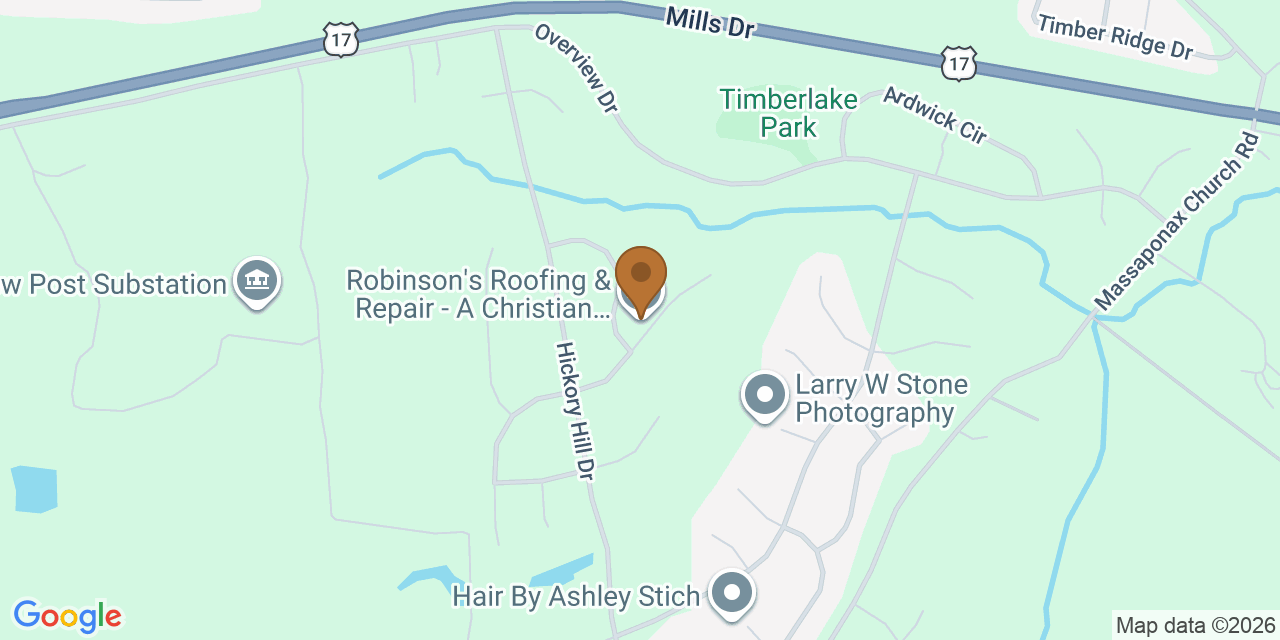 Map showing the Google Business location of Robinson's Roofing & Repair - A Christian Owned Company at 3713 Andover Lane, Fredericksburg, VA, 22408