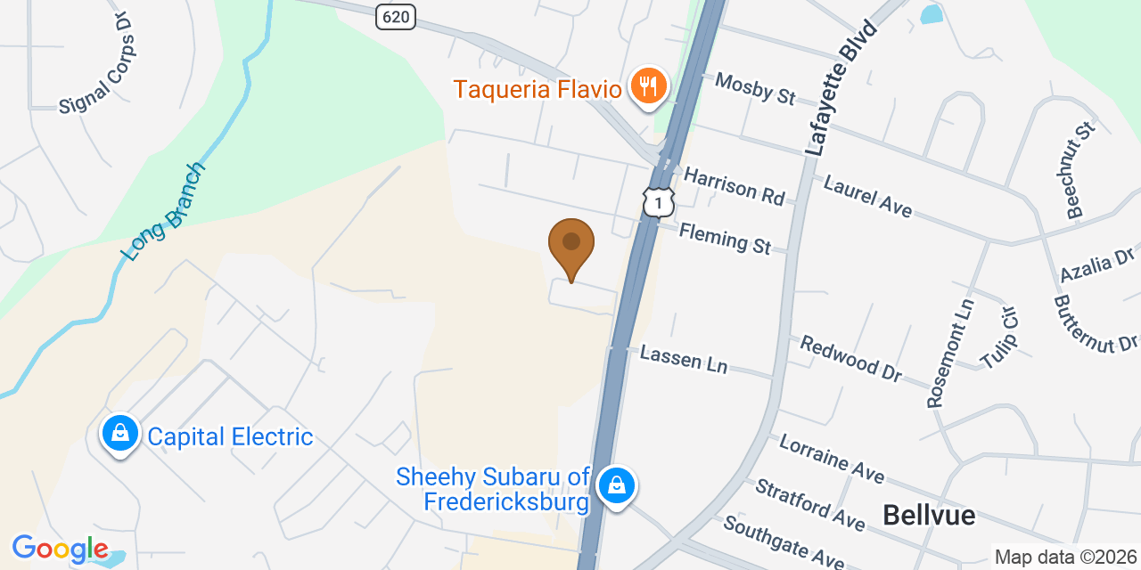 Map showing the Google Business location of Roofs Fast at 10940 Patriot Highway, Fredericksburg, VA, 22407