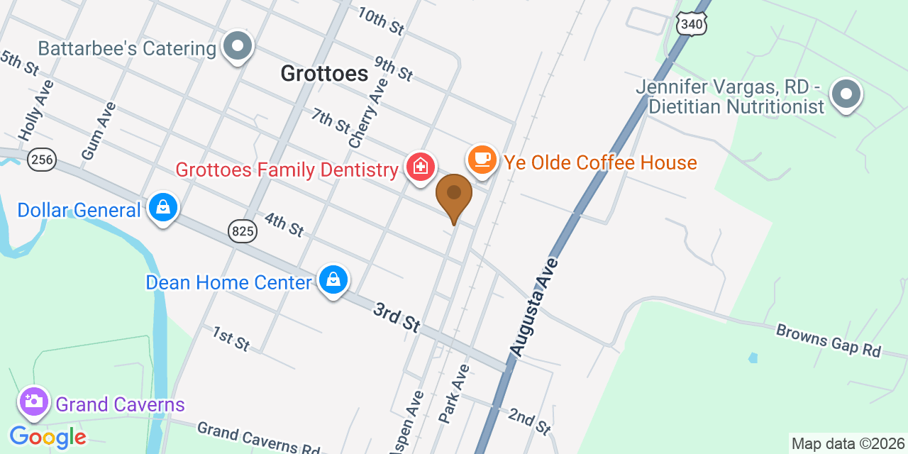 Map showing the Google Business location of Cenvar Roofing - Grottoes at 103 6th Street, Grottoes, VA, 24441