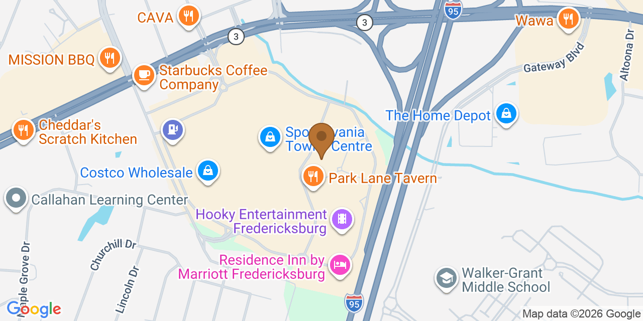 Map showing the Google Business location of Retex Roofing & Exteriors – Fredericksburg at 1 Towne Centre Boulevard, Fredericksburg, VA, 22407