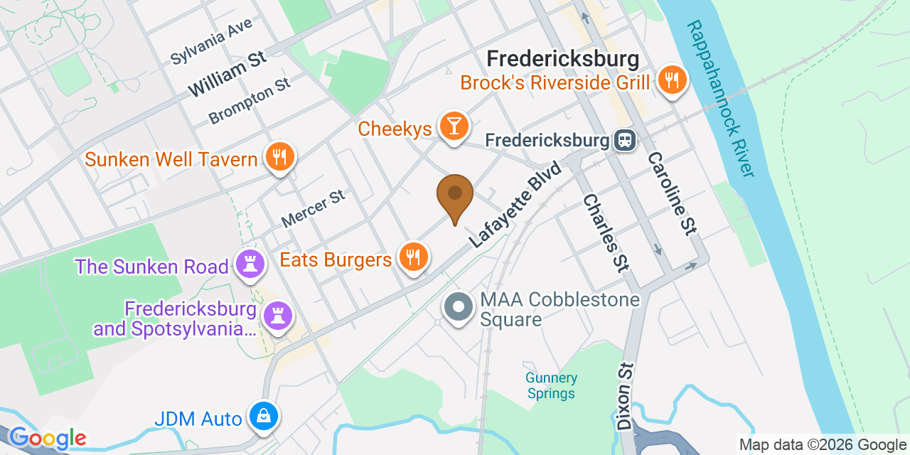 Map showing the Google Business location of M&D Roofing and Renovations at 614 Wolfe Street, Fredericksburg, VA, 22401