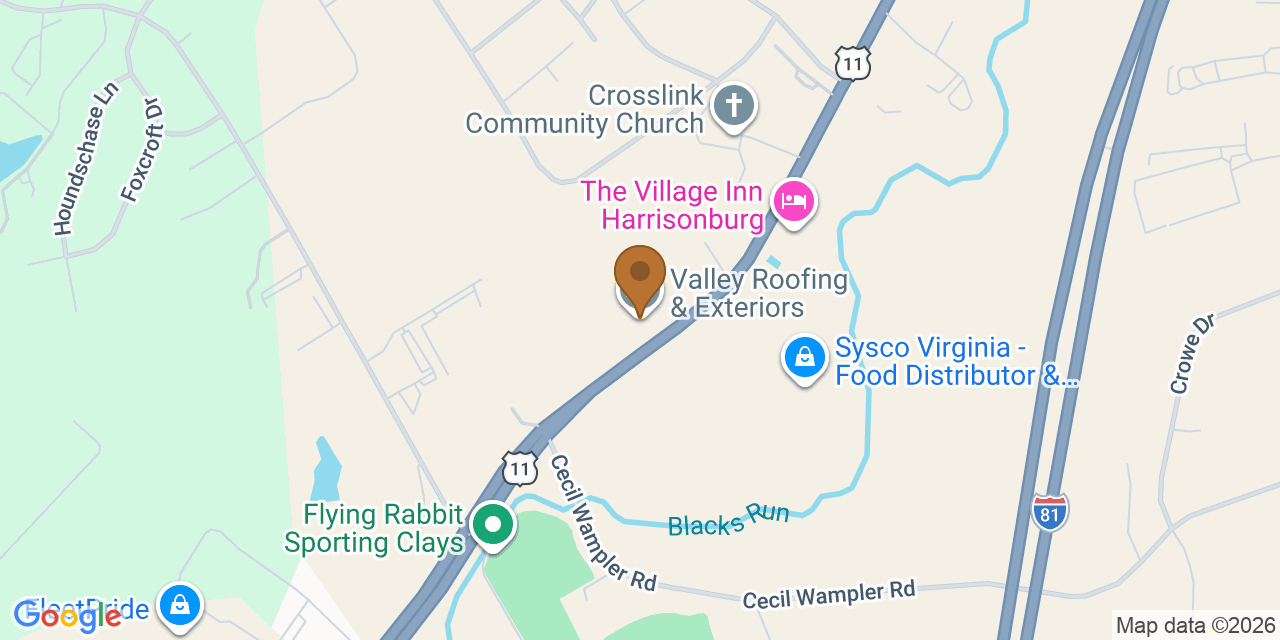 Map showing the Google Business location of Valley Roofing & Exteriors at 5200 South Valley Pike, Harrisonburg, VA, 22801