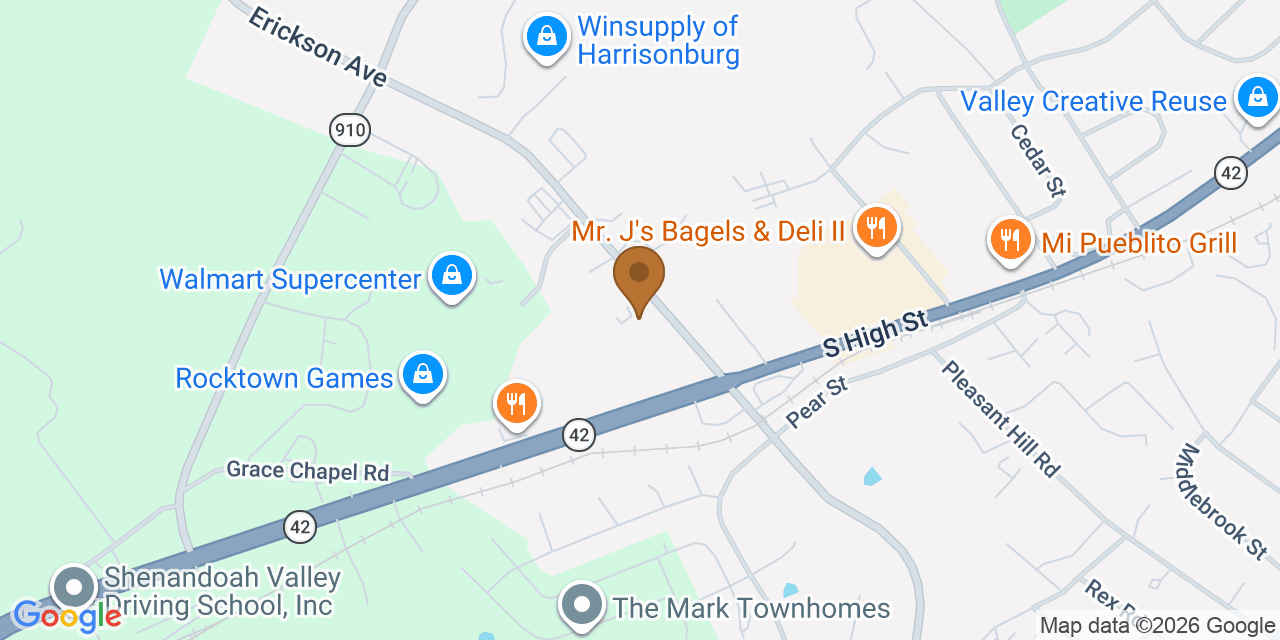 Map showing the Google Business location of Senger Roofing LLC at 1910 Erickson Avenue, Harrisonburg, VA, 22801