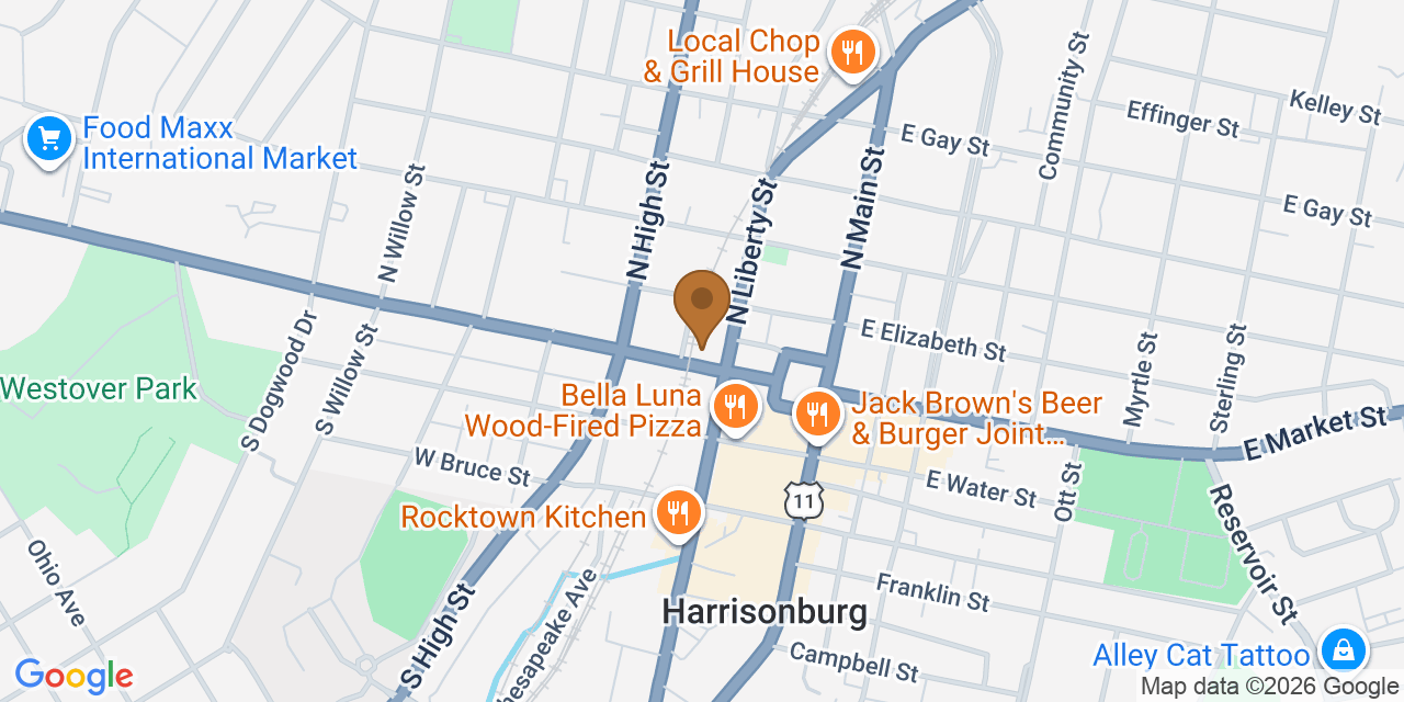 Map showing the Google Business location of Helmuth Roofing at 25 North Liberty Street, Harrisonburg, VA, 22802