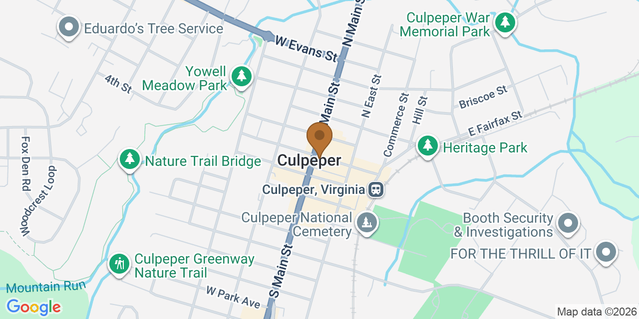 Map showing the Google Business location of Cenvar Roofing - Culpeper at 107b East Davis Street, Culpeper, VA, 22701