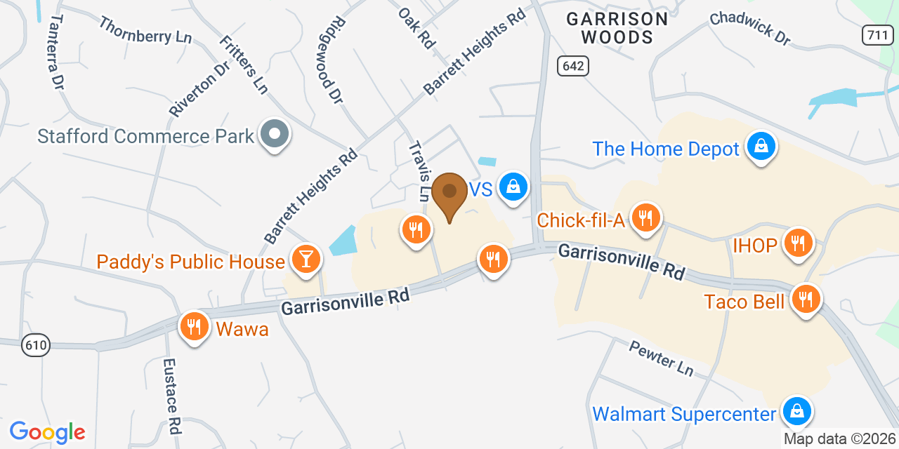 Map showing the Google Business location of Insured Roofs - Stafford Branch at 422 Garrisonville Road, Stafford, VA, 22554