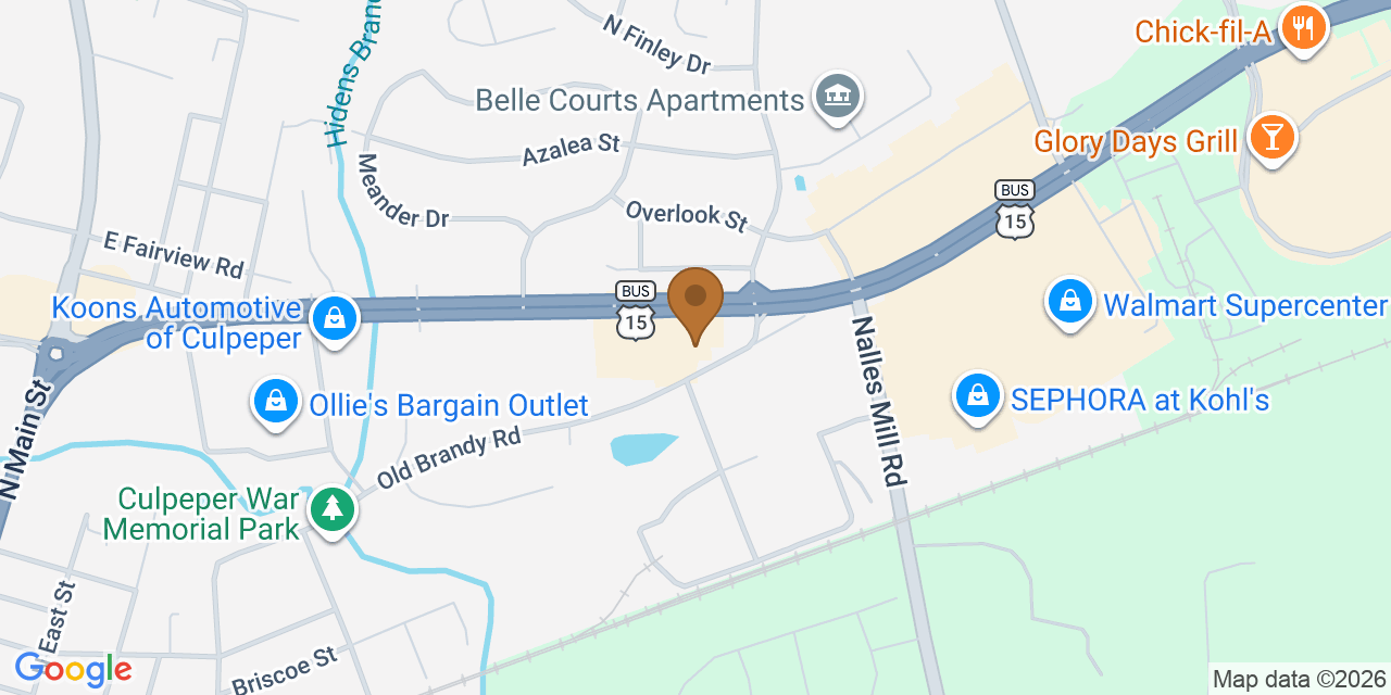 Map showing the Google Business location of Culpeper Roofing at 571 James Madison Highway, Culpeper, VA, 22701