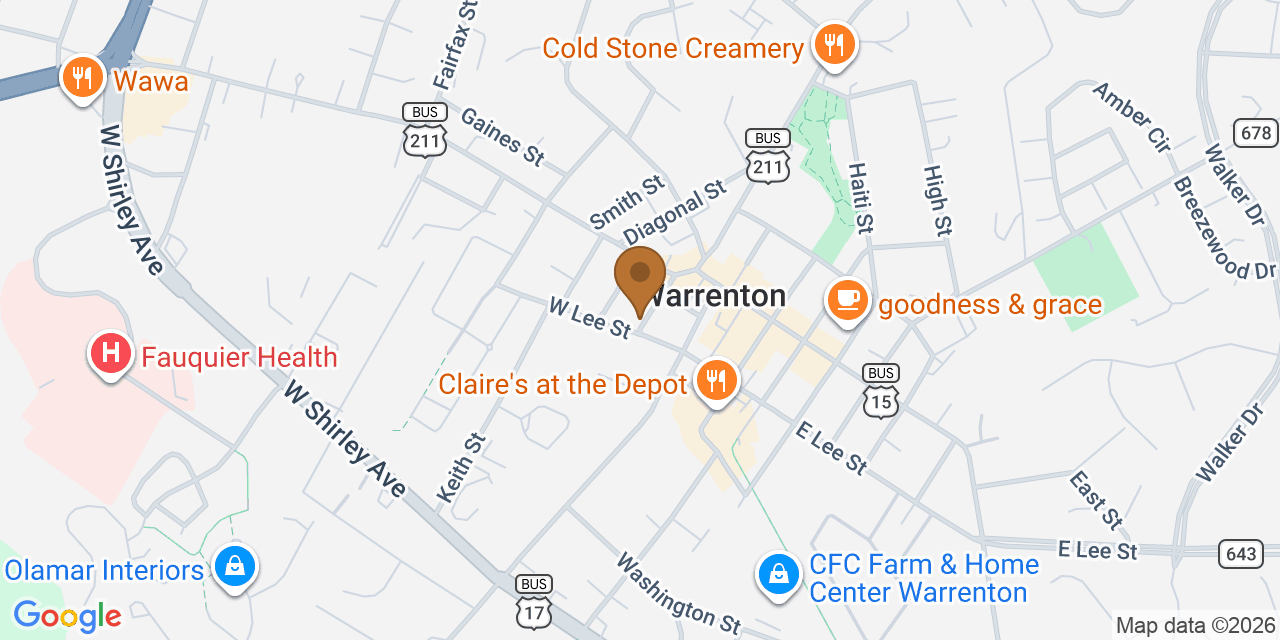 Map showing the Google Business location of Mission Roofing at 32 Ashby Street, Warrenton, VA, 20186
