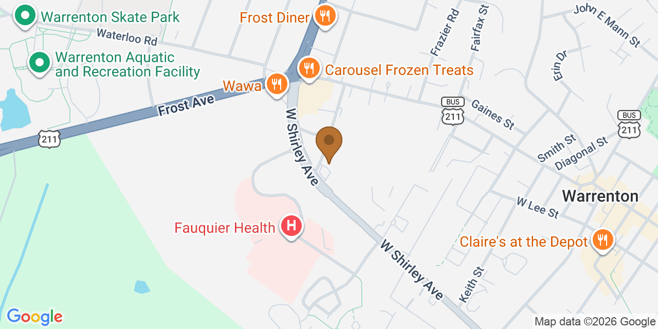 Map showing the Google Business location of Rescue Roofing at 91 Garrett Street, Warrenton, VA, 20186