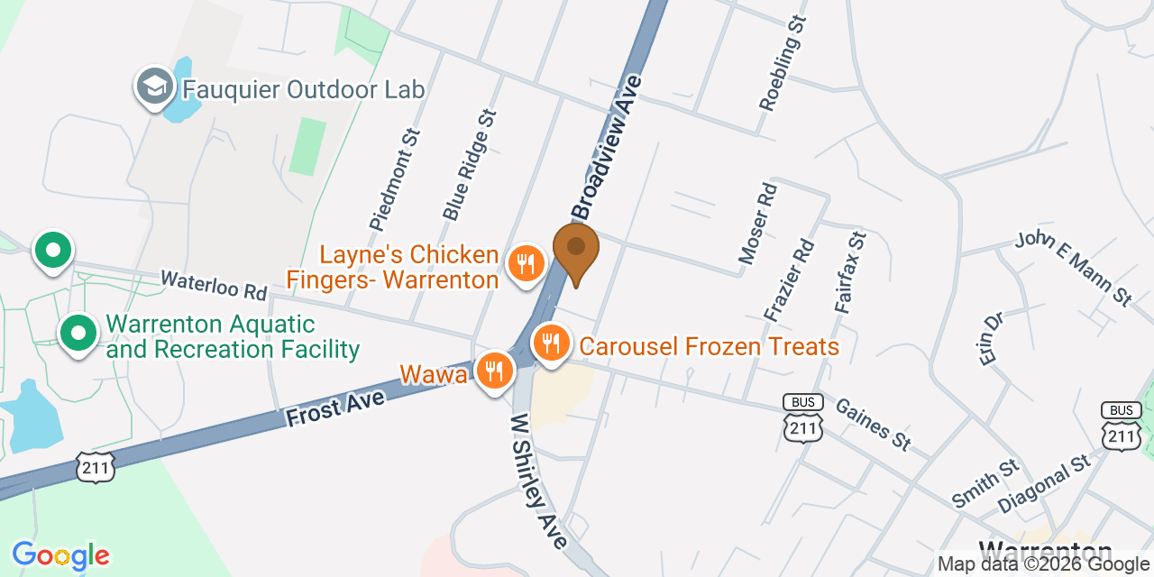 Map showing the Google Business location of McGlothlin Roofing LLC at 47 Broadview Avenue, Warrenton, VA, 20186
