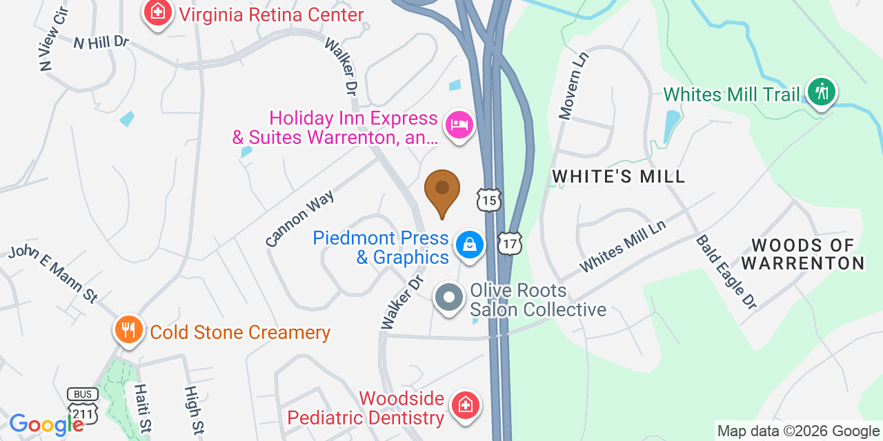 Map showing the Google Business location of Peak Roofing Contractors Inc. at 405 Belle Air Lane, Warrenton, VA, 20186