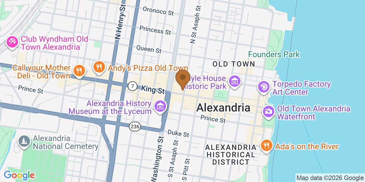 Map showing the Google Business location of Alexandria Roofing at 601 King Street, Alexandria, VA, 22314