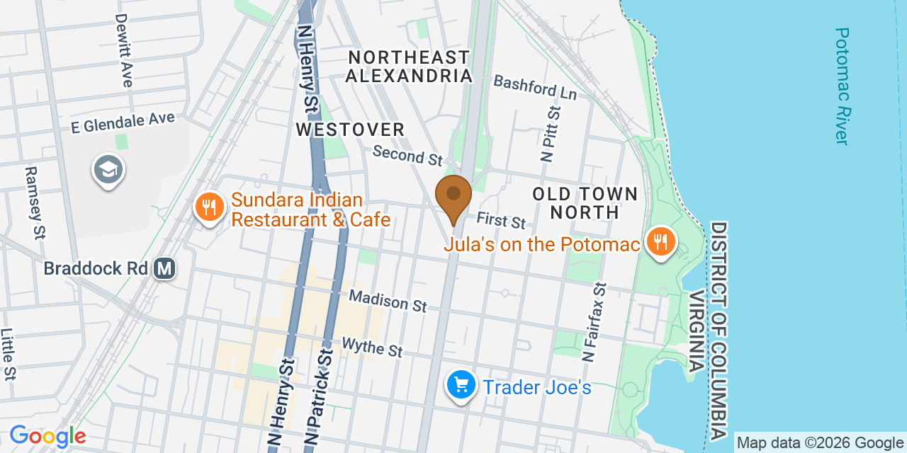 Map showing the Google Business location of AROCON Roofing VA at 950 North Washington Street, Alexandria, VA, 22314