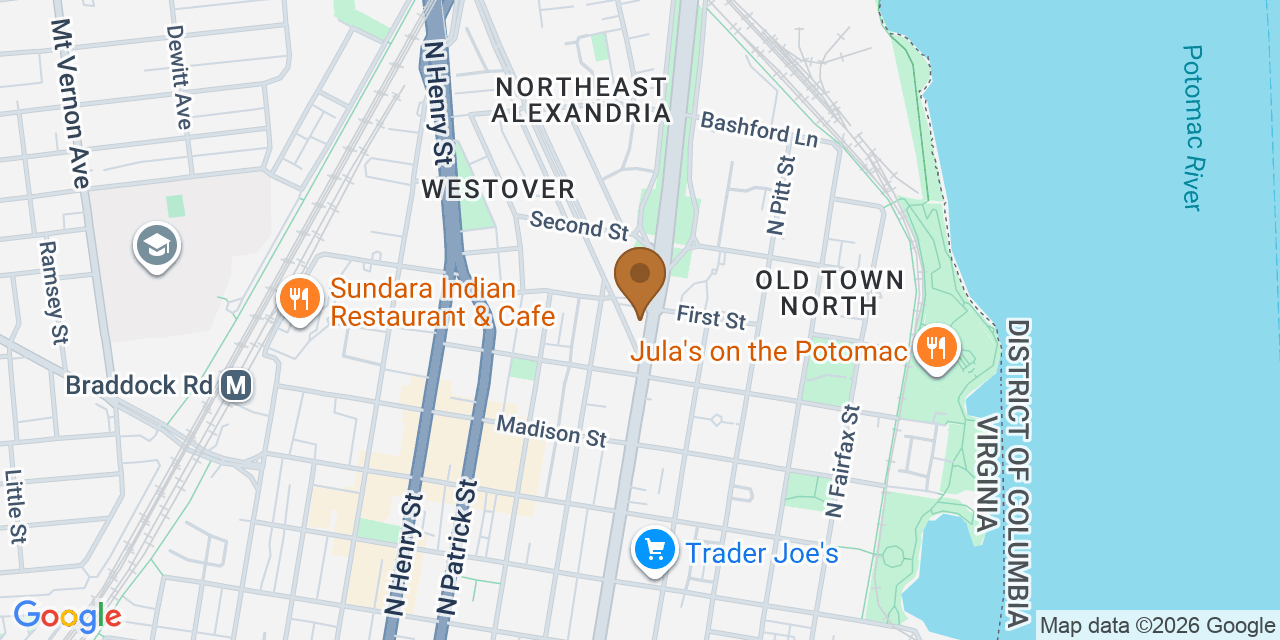 Map showing the Google Business location of Hurley Home Roofing at 950 North Washington Street, Alexandria, VA, 22314