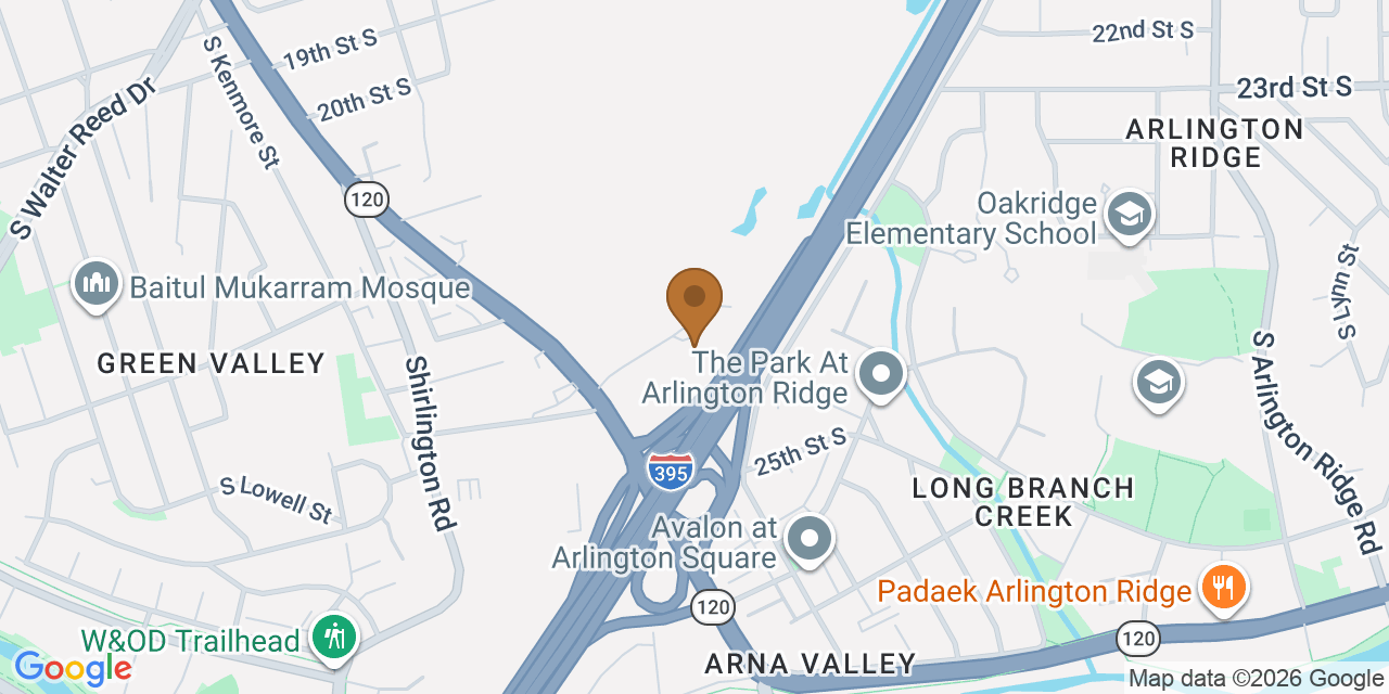 Map showing the Google Business location of Roofers Of Arlington at 2300 24th Road South, Arlington, VA, 22206