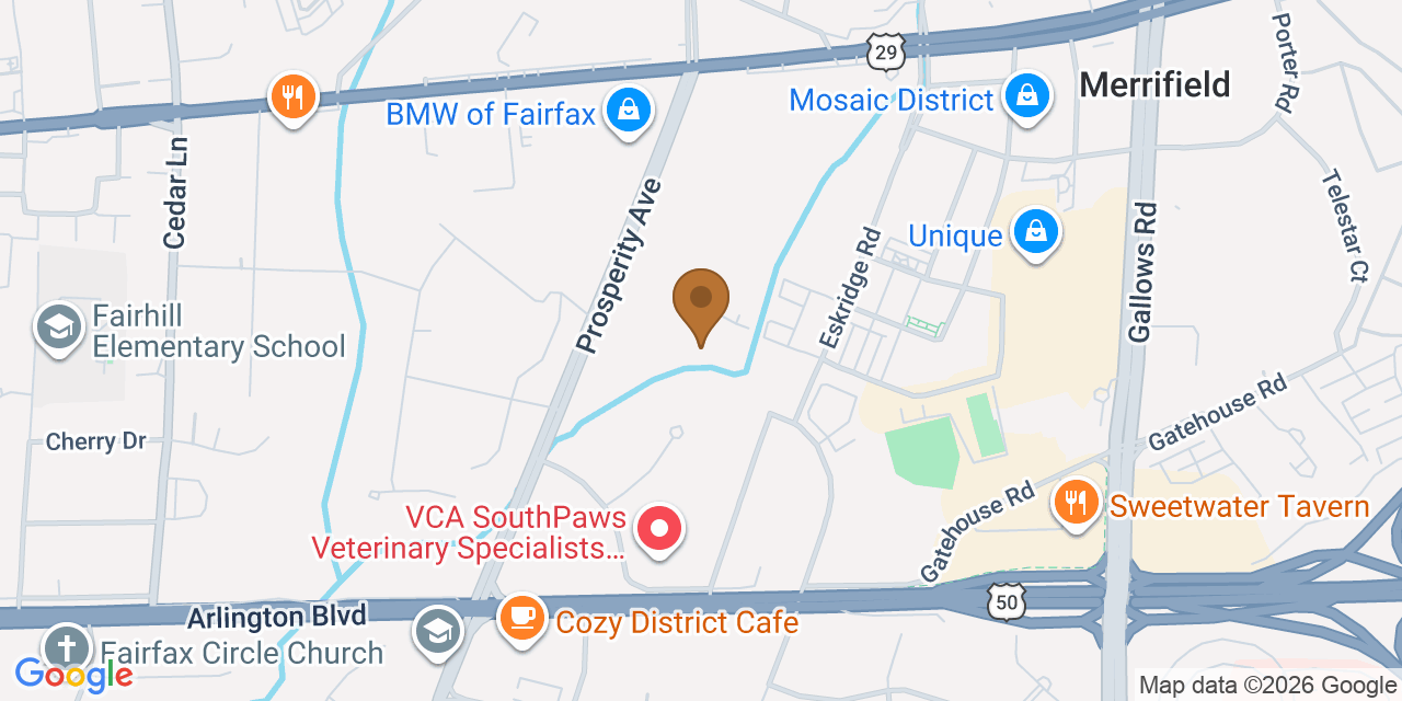 Map showing the Google Business location of Pond Roofing & Exteriors at 2985 Prosperity Avenue, Fairfax, VA, 22031