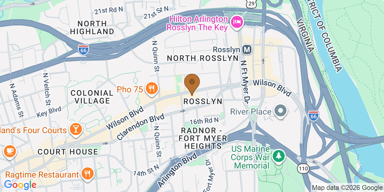 Map showing the Google Business location of Arlington Roofing Company at 1550 Wilson Boulevard, Arlington, VA, 22209