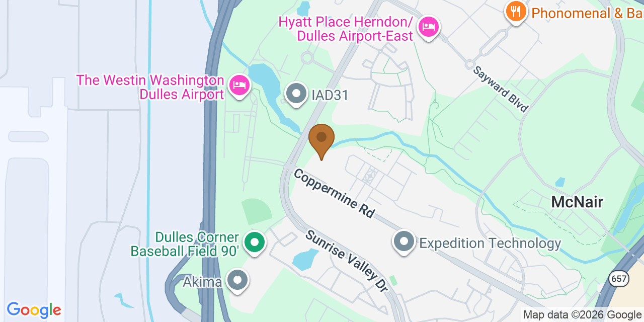 Map showing the Google Business location of Dulles Roofing at 13800 Coppermine Road, Herndon, VA, 20171