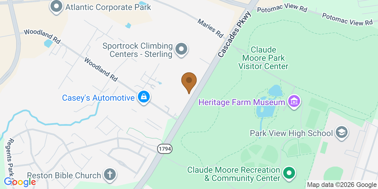 Map showing the Google Business location of Augustine Roofing at 21635 Cascades Parkway, Sterling, VA, 20166