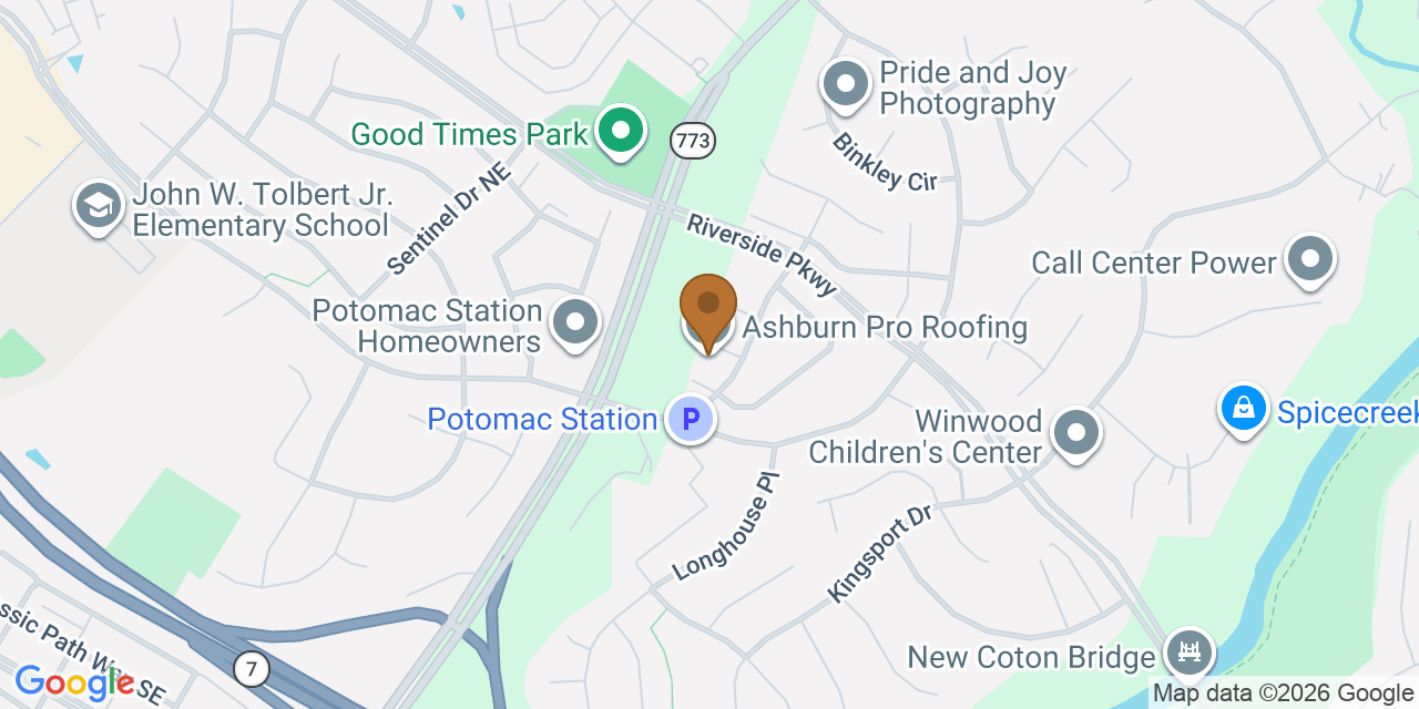 Map showing the Google Business location of Ashburn Pro Roofing at 43017 Dearmont Terrace, Leesburg, VA, 20176