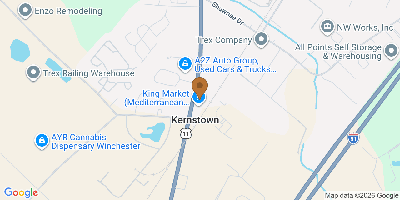 Map showing the Google Business location of Ashburn Roofing at 3343 Valley Pike, Winchester, VA, 22602
