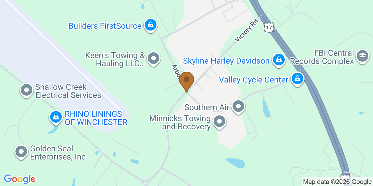 Map showing the Google Business location of NVB Contracting at 280 Victory Lane, Winchester, VA, 22602