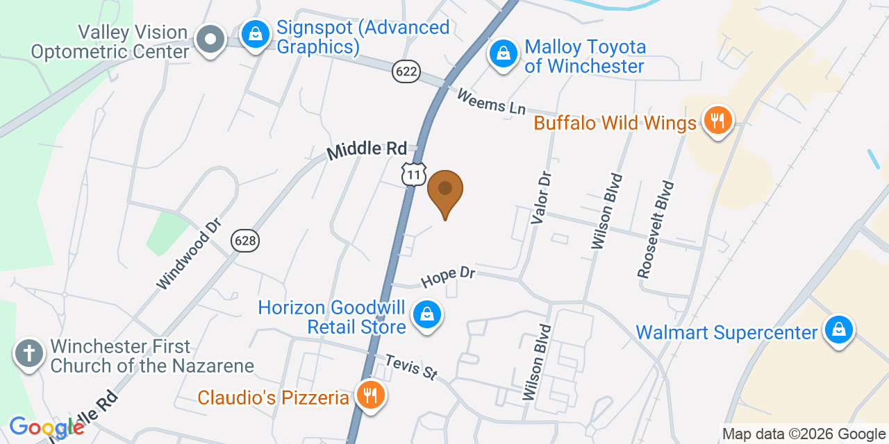 Map showing the Google Business location of Modern Renovations Roofing of Winchester at 2400 Valley Avenue, Winchester, VA, 22601
