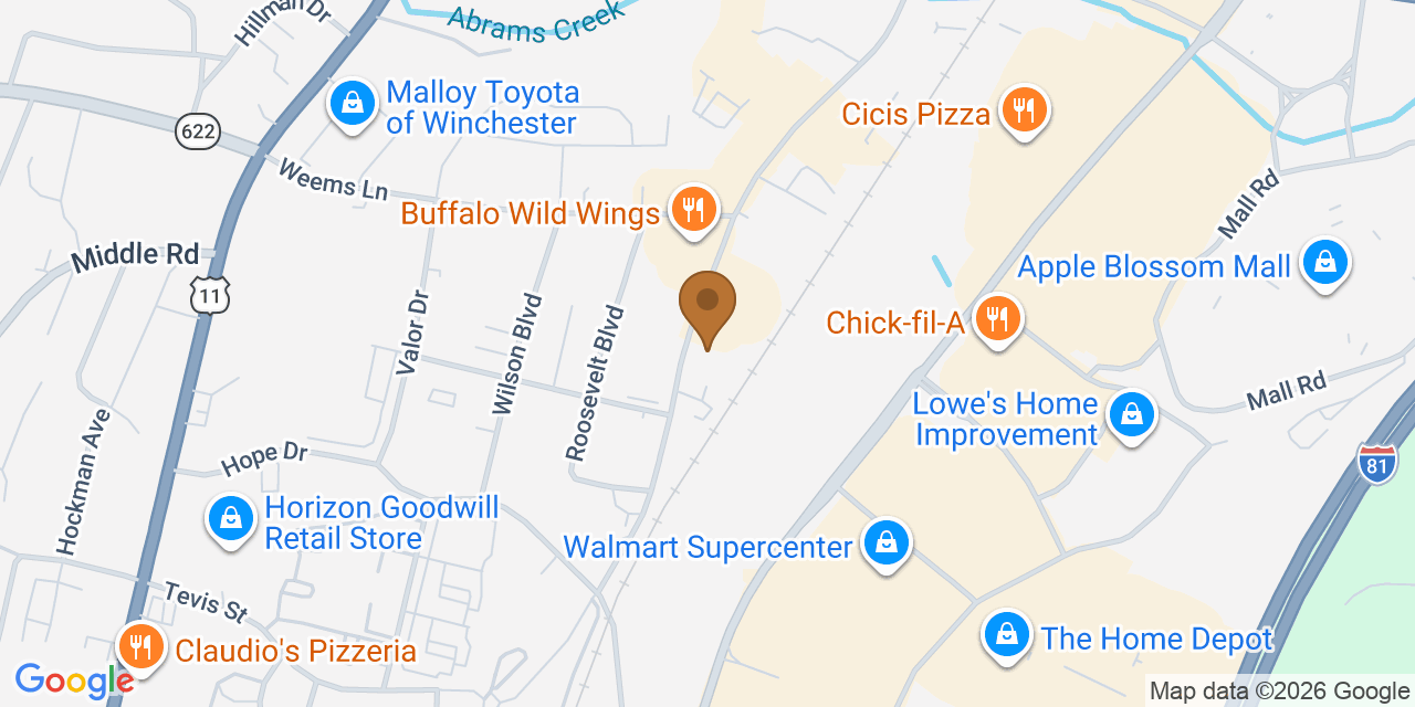 Map showing the Google Business location of Russell's Roofing Company at 2244 Papermill Road, Winchester, VA, 22601