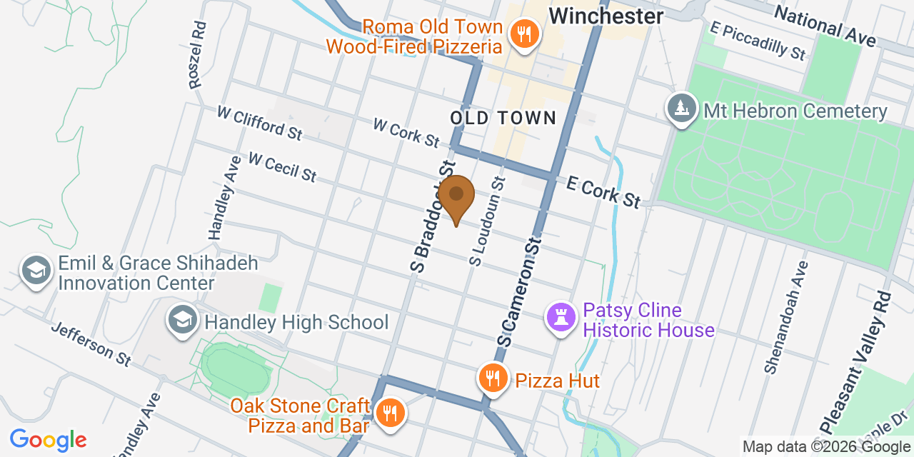 Map showing the Google Business location of Cenvar Roofing - Winchester at 21 West Cecil Street, Winchester, VA, 22601