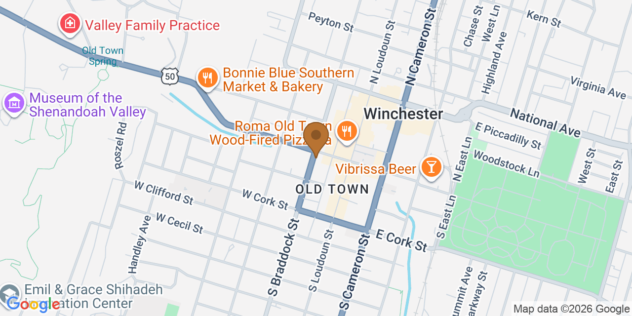 Map showing the Google Business location of Winchester Roofing at 6 South Braddock Street, Winchester, VA, 22601