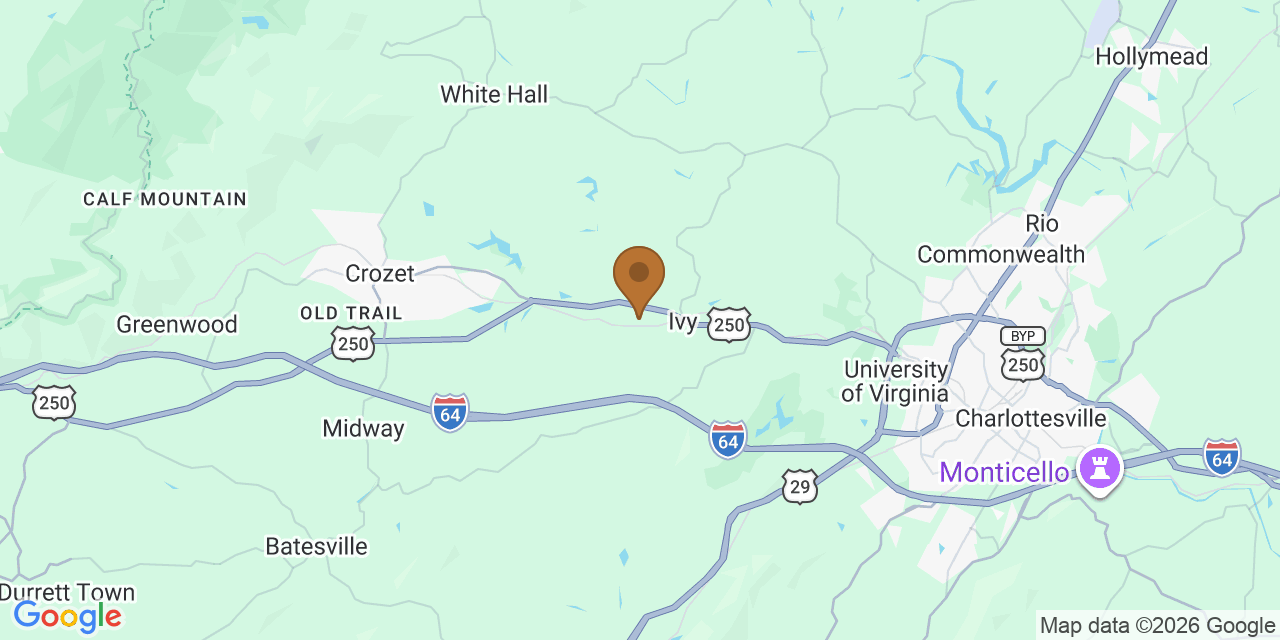 Map of Albemarle County, Virginia showing the roofing service area covered by this page