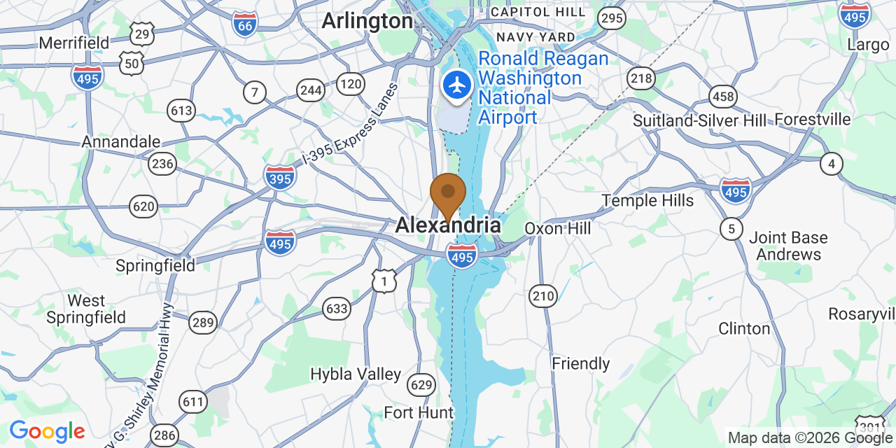 Map of Alexandria, Virginia showing the roofing service area covered by this page