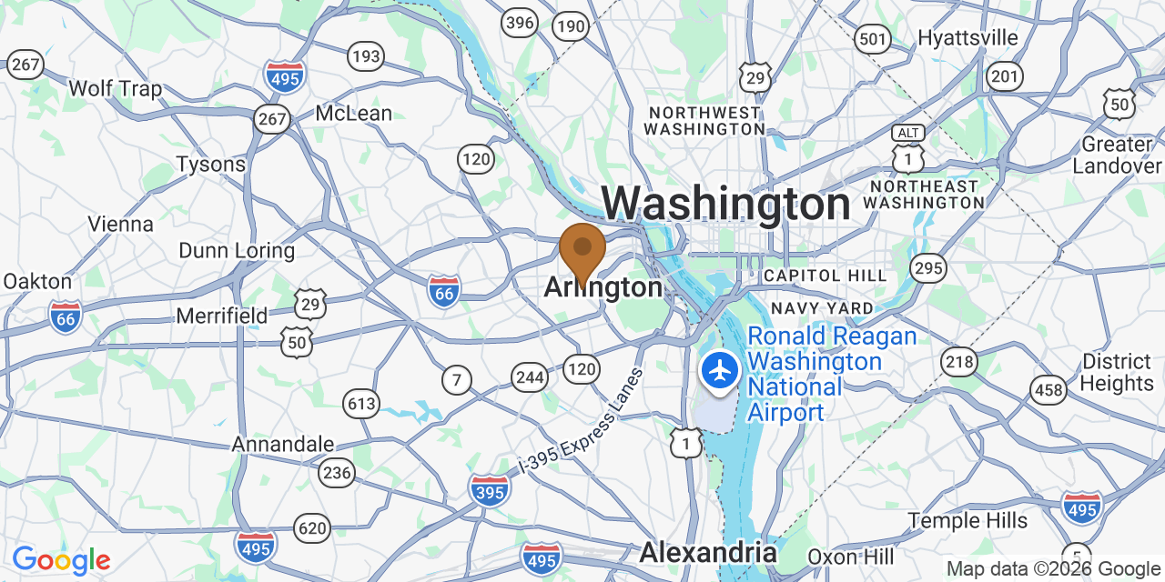 Map of Arlington County, Virginia showing the roofing service area covered by this page