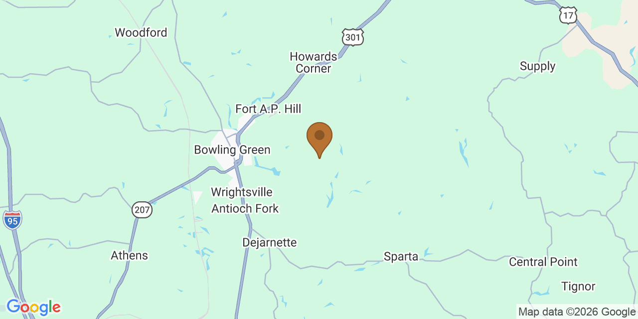 Map of Caroline County, Virginia showing the roofing service area covered by this page
