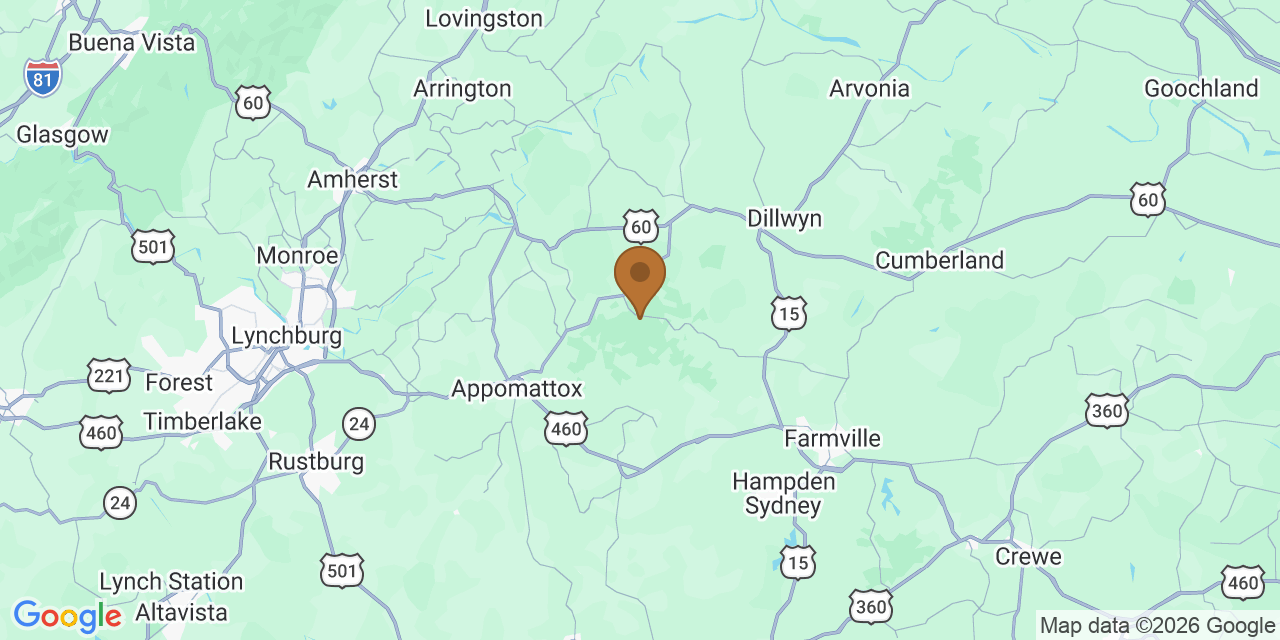 Map of Central Virginia, Virginia showing the roofing service area covered by this page