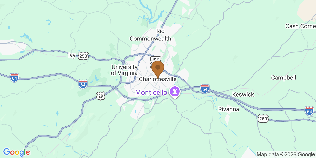 Map of Charlottesville, Virginia showing the roofing service area covered by this page