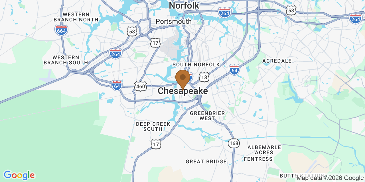 Map of Chesapeake, Virginia showing the roofing service area covered by this page