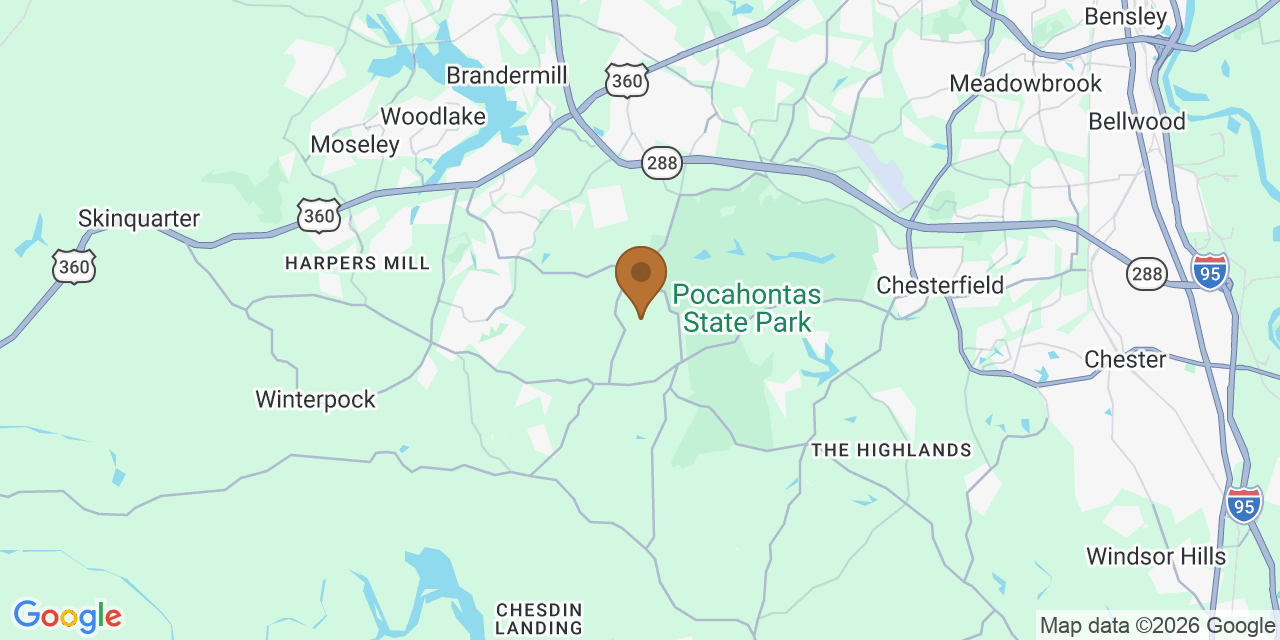 Map of Chesterfield County, Virginia showing the roofing service area covered by this page