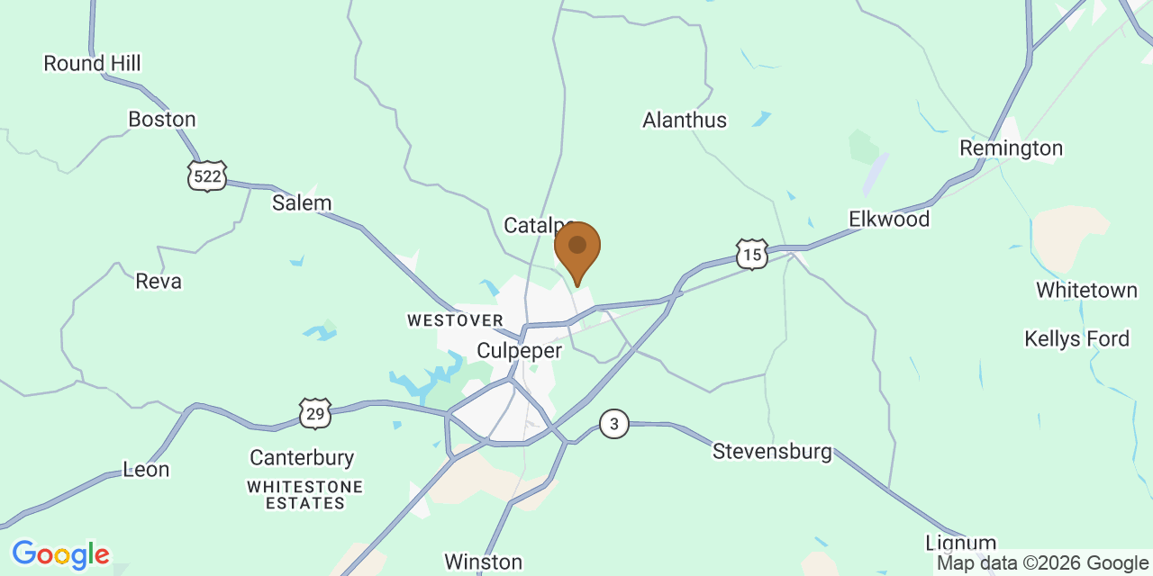 Map of Culpeper County, Virginia showing the roofing service area covered by this page