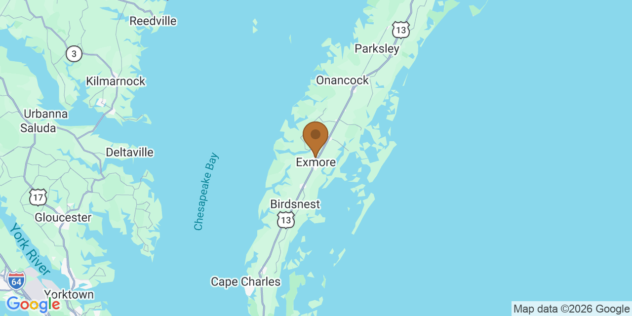 Map of Eastern Shore, Virginia showing the roofing service area covered by this page