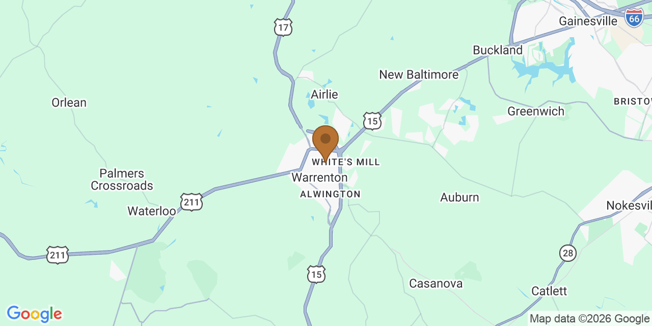 Map of Fauquier County, Virginia showing the roofing service area covered by this page