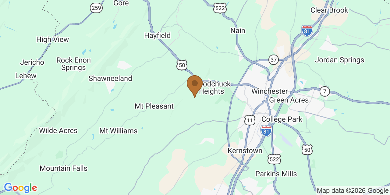 Map of Frederick County, Virginia showing the roofing service area covered by this page