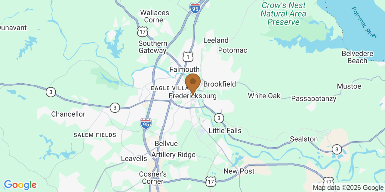 Map of Fredericksburg, Virginia showing the roofing service area covered by this page